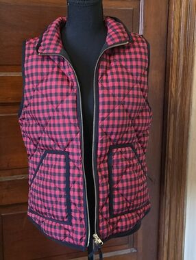 J. Crew Red and Black Quilted Buffalo Check Puffer Vest